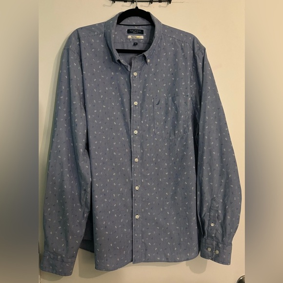 Nautica Mens XXL Slim Fit Blue White Pinstripe Anchor Button Down Long Sleeve - Picture 1 of 6